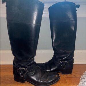 Vintage Black Frye Leather Women’s Knee High Boots with silver harness detailing